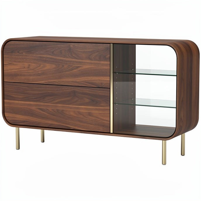 **Moderne houten kast met glazen deuren en metalen poten**