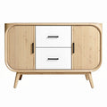 **Technische Titel in het Nederlands:** Moderne houten dressoir met witte lades en retro design.