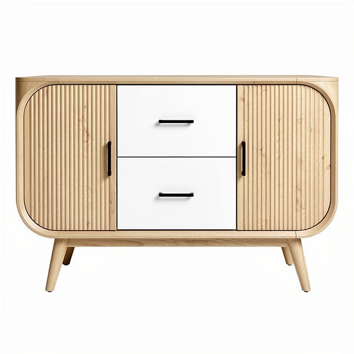 **Technische Titel in het Nederlands:** Moderne houten dressoir met witte lades en retro design.