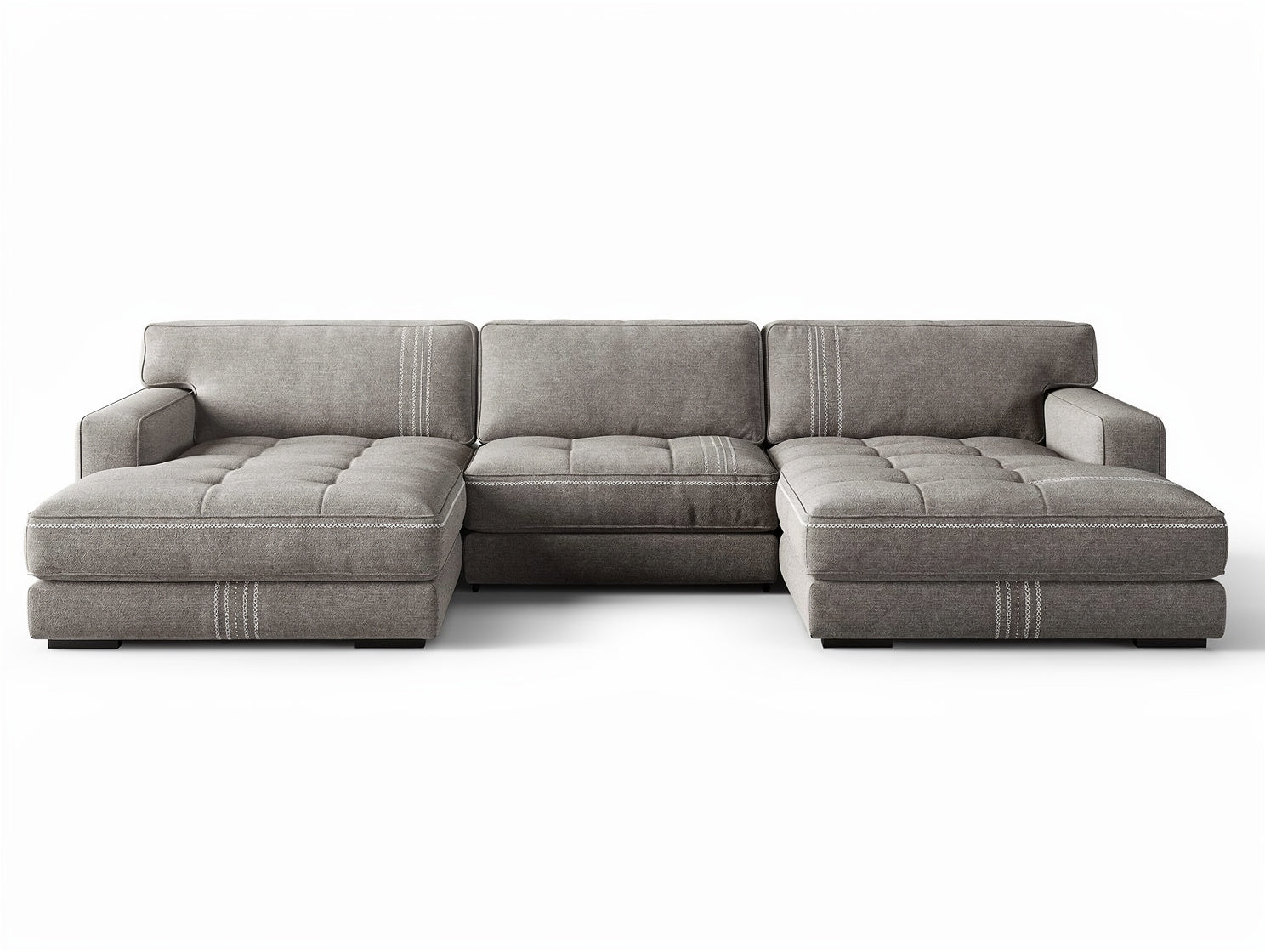 **Technische titel in het Nederlands: Moderne L-vormige bank van grijs stof met chaise longue**