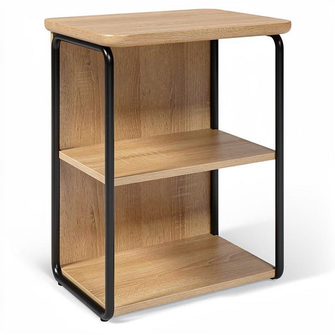 **Technische Titel in het Nederlands:** **Moderne nachtkast met houten bovenblad en metalen frame**