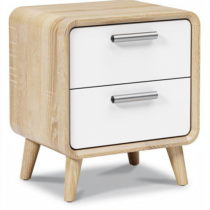 **Technische titel in het Nederlands: "Moderne nachtkast met houten afwerking en witte lades"**